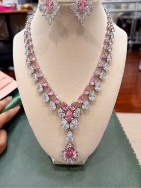 Elegant Pink and Clear Teardrop Necklace and Earring Set